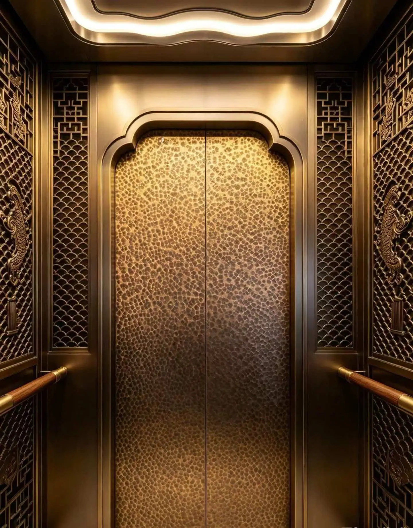 Hammered stainless steel panels used in an elevator interior