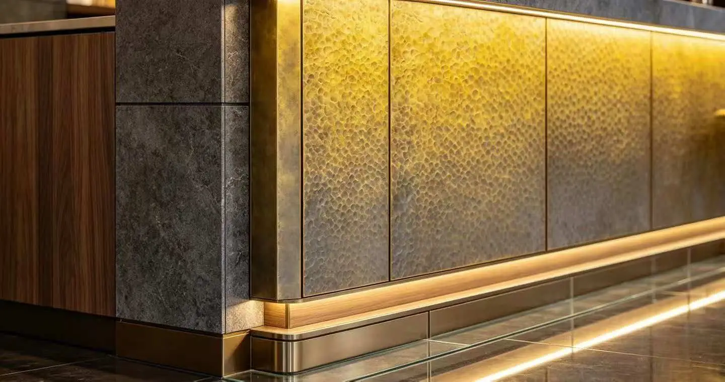 Bronze-toned decorative stainless steel used as an architectural feature surface