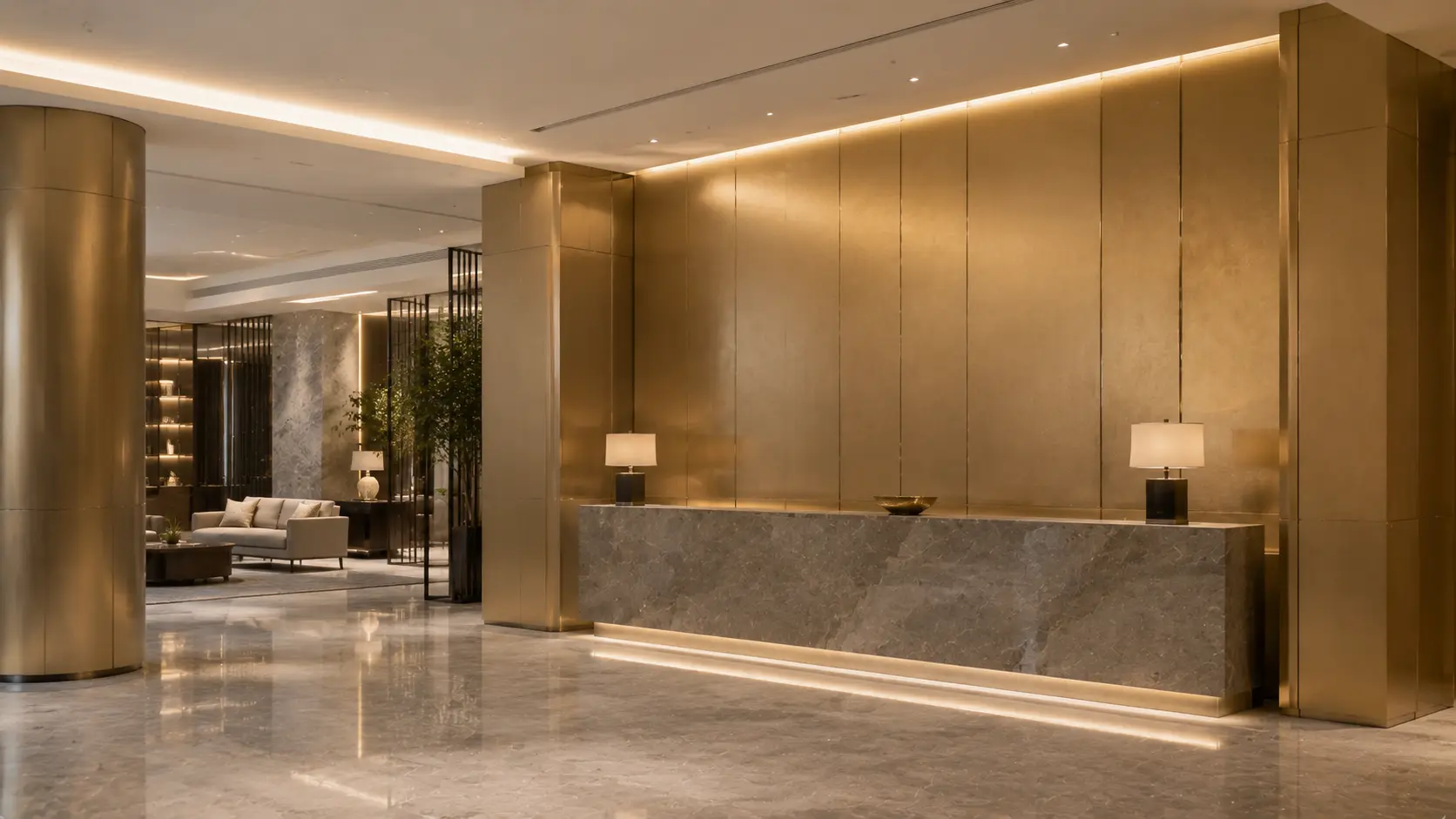 Champagne gold PVD stainless steel in a luxury hotel interior under warm architectural lighting