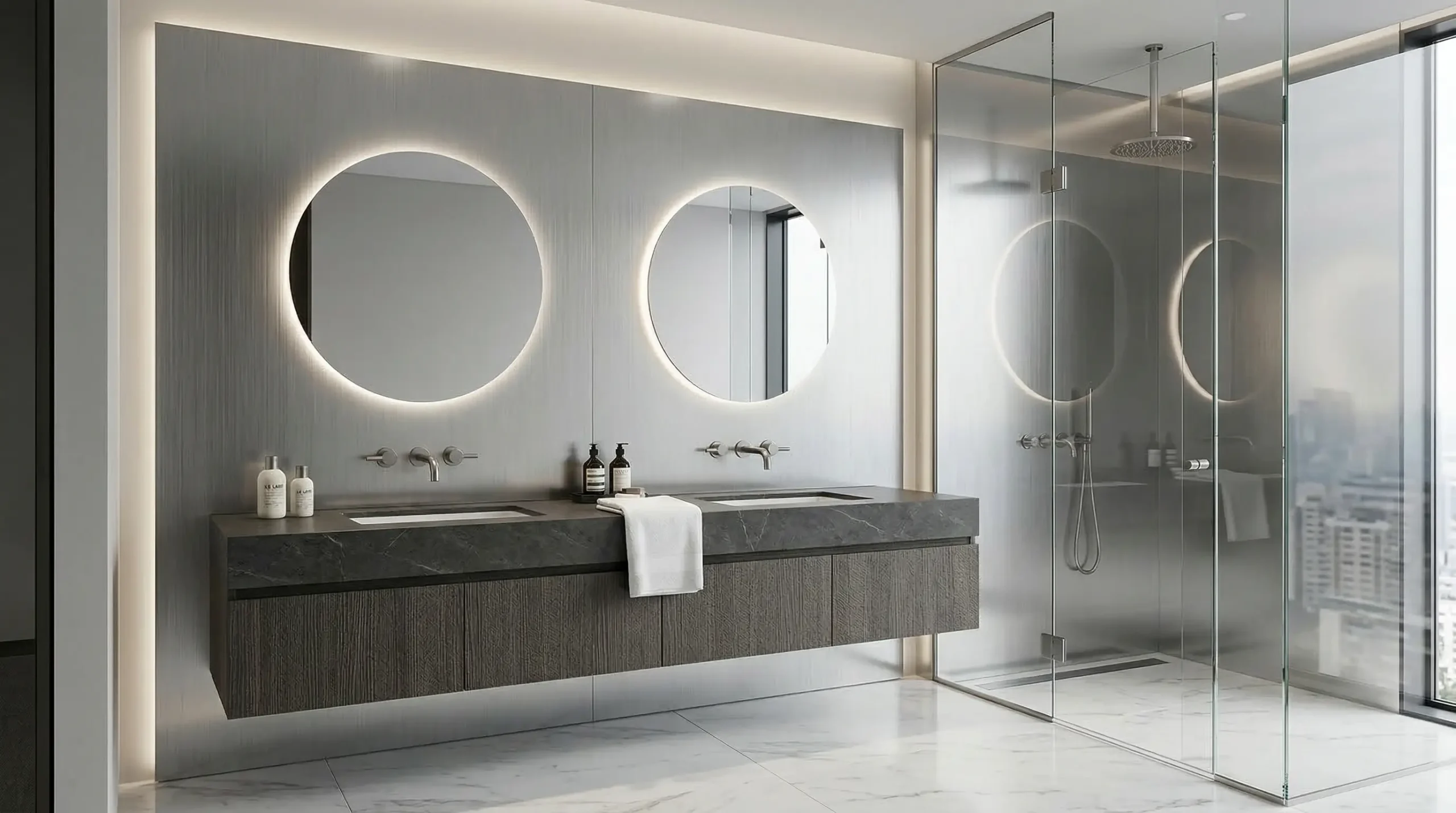 Bathroom with brushed stainless steel accent wall