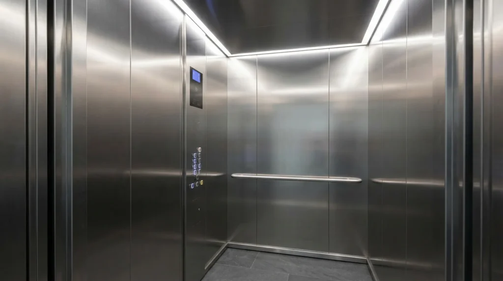 Office building elevator with brushed/hairline finish