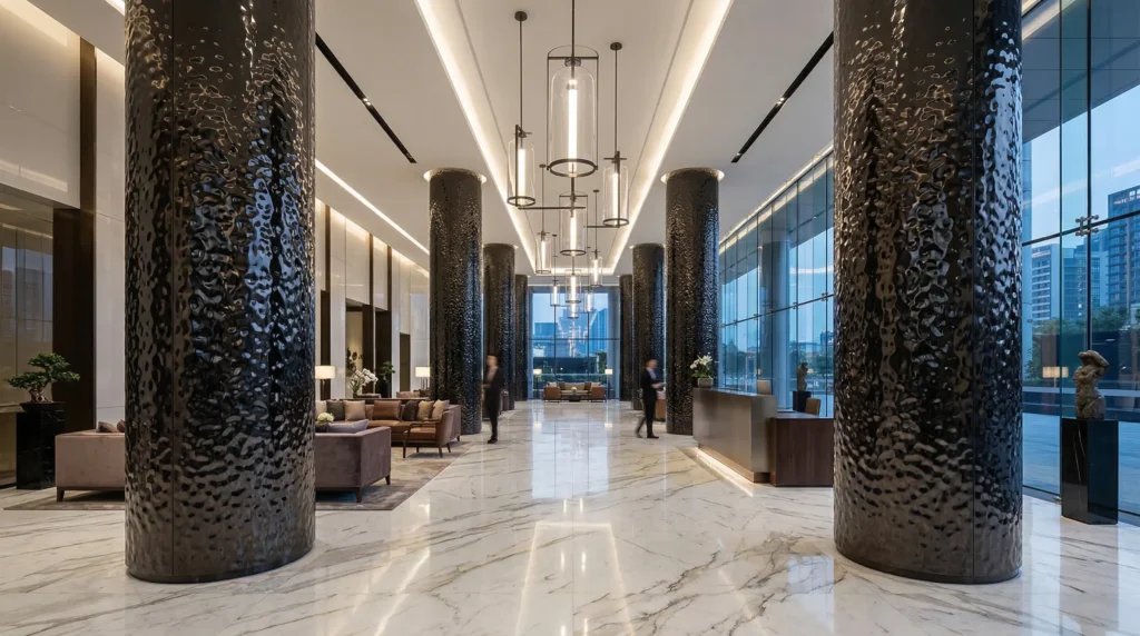 black titanium water ripple stainless steel cladding on lobby columns