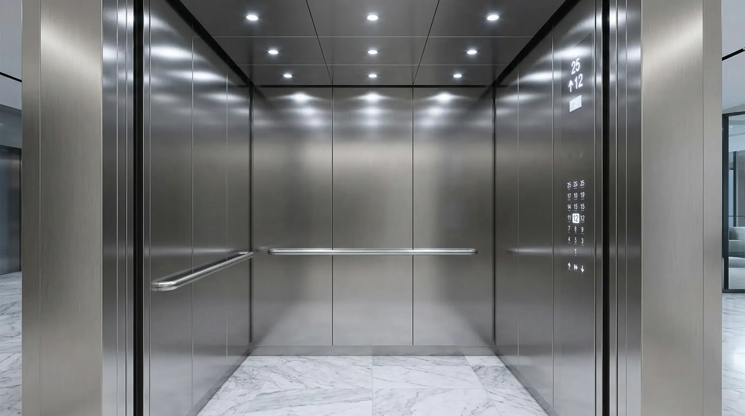Elevator with brushed stainless steel panels