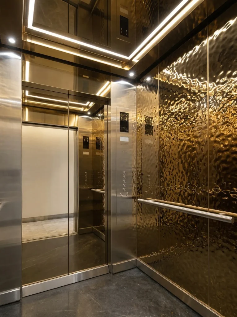 champagne gold water ripple stainless steel panels inside elevator cab