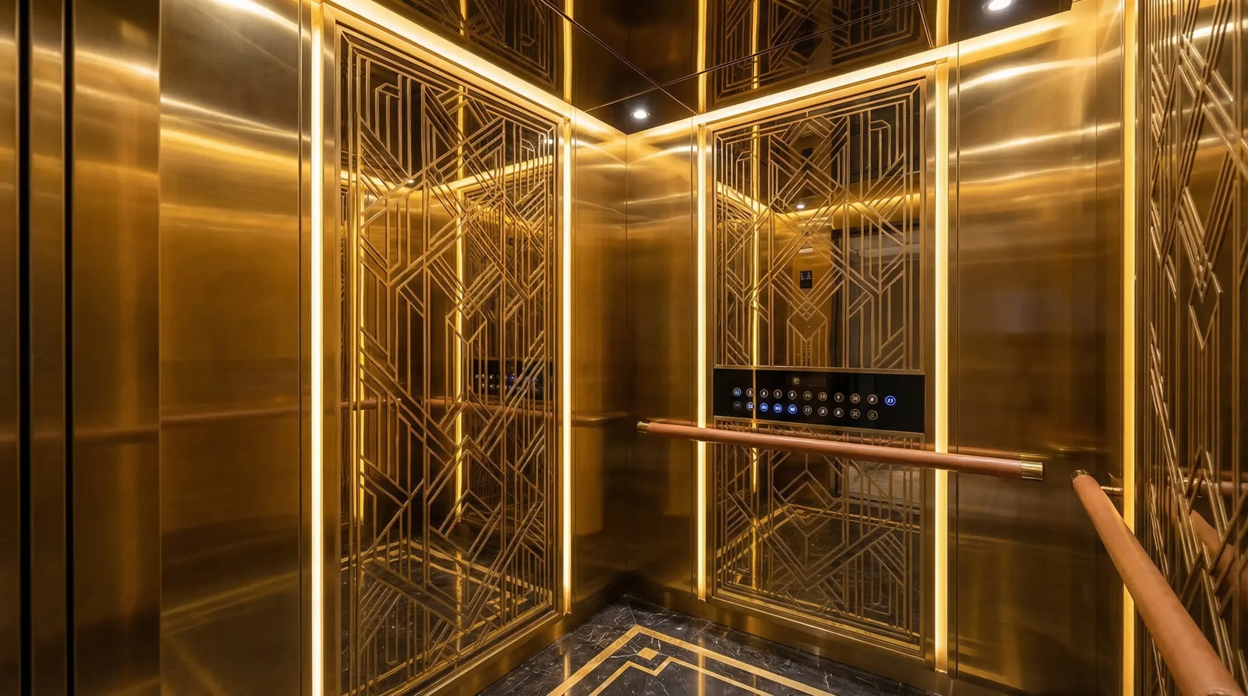 Gold PVD stainless steel used in an elevator interior