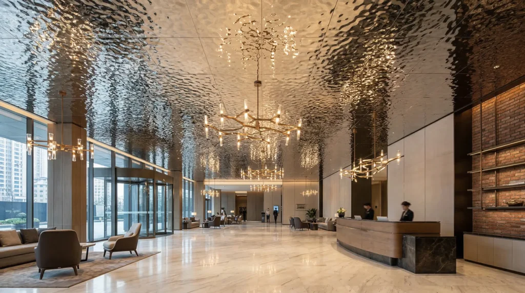 water ripple stainless steel ceiling panels in luxury hotel lobby