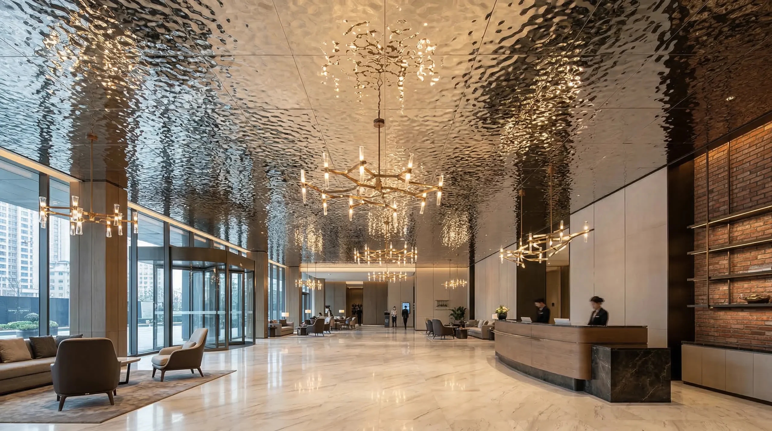water ripple stainless steel ceiling panels in luxury hotel lobby