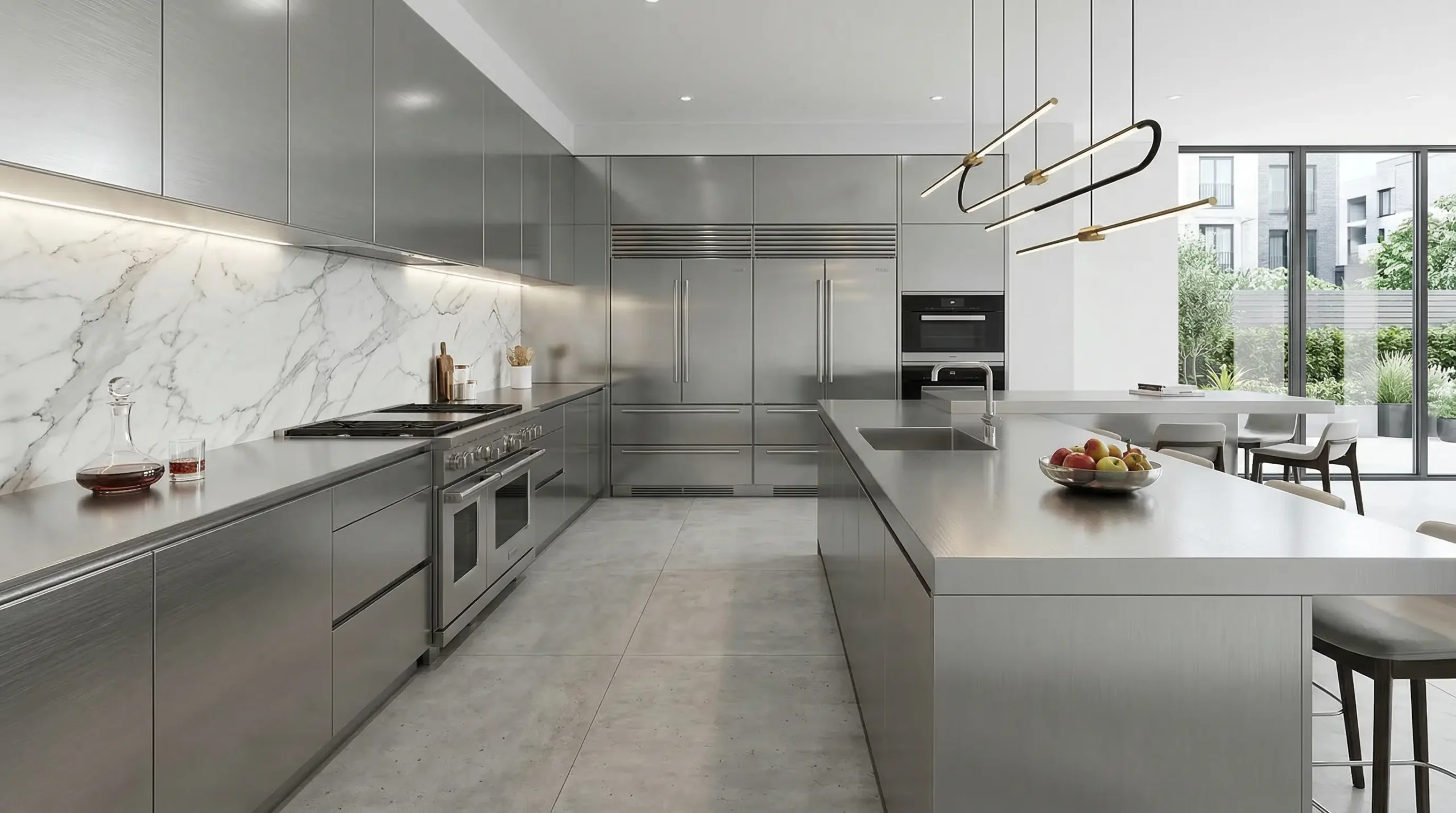 Kitchen with brushed stainless steel cabinets