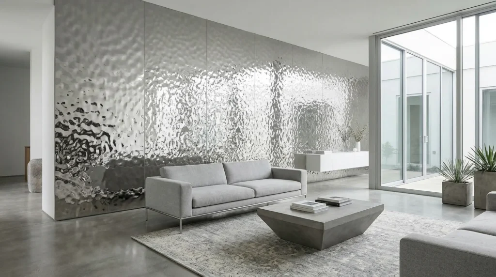 silver mirror water ripple stainless steel accent wall in modern living room