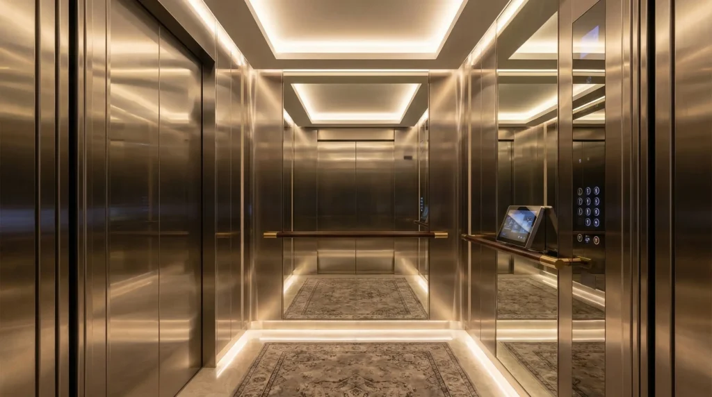 Luxury hotel elevator with mirror finish stainless steel