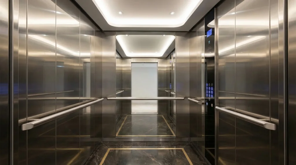 Commercial building elevator with reflective mirror panels