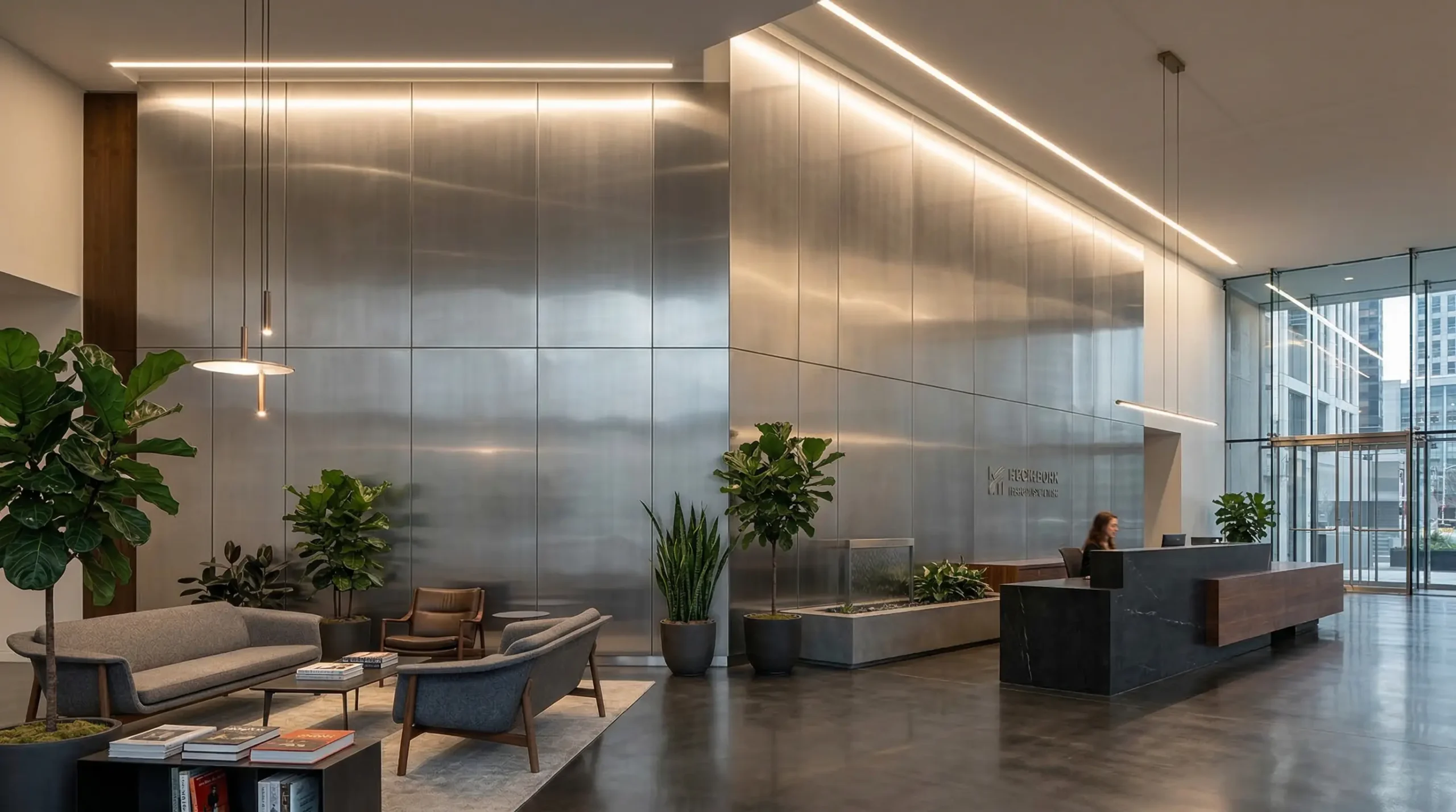 Brushed stainless steel wall panels in a modern lobby