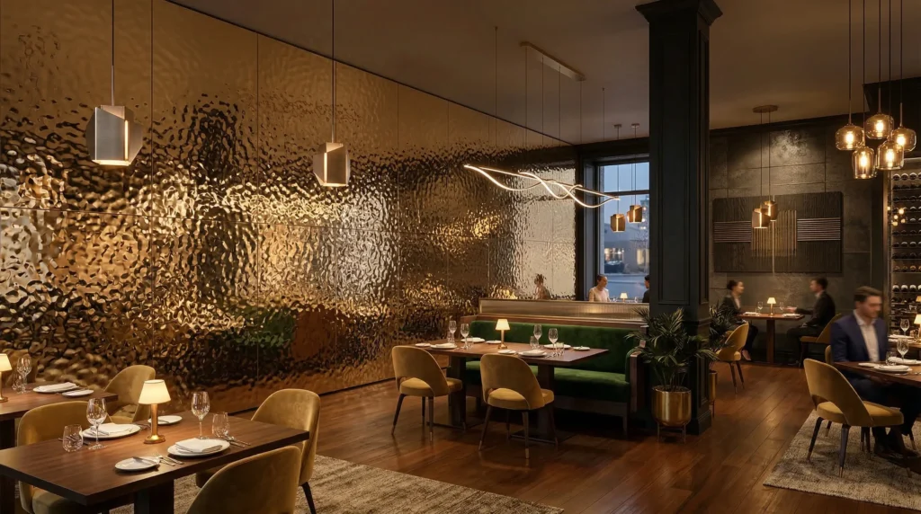 champagne gold water ripple stainless steel wall panels in restaurant interior