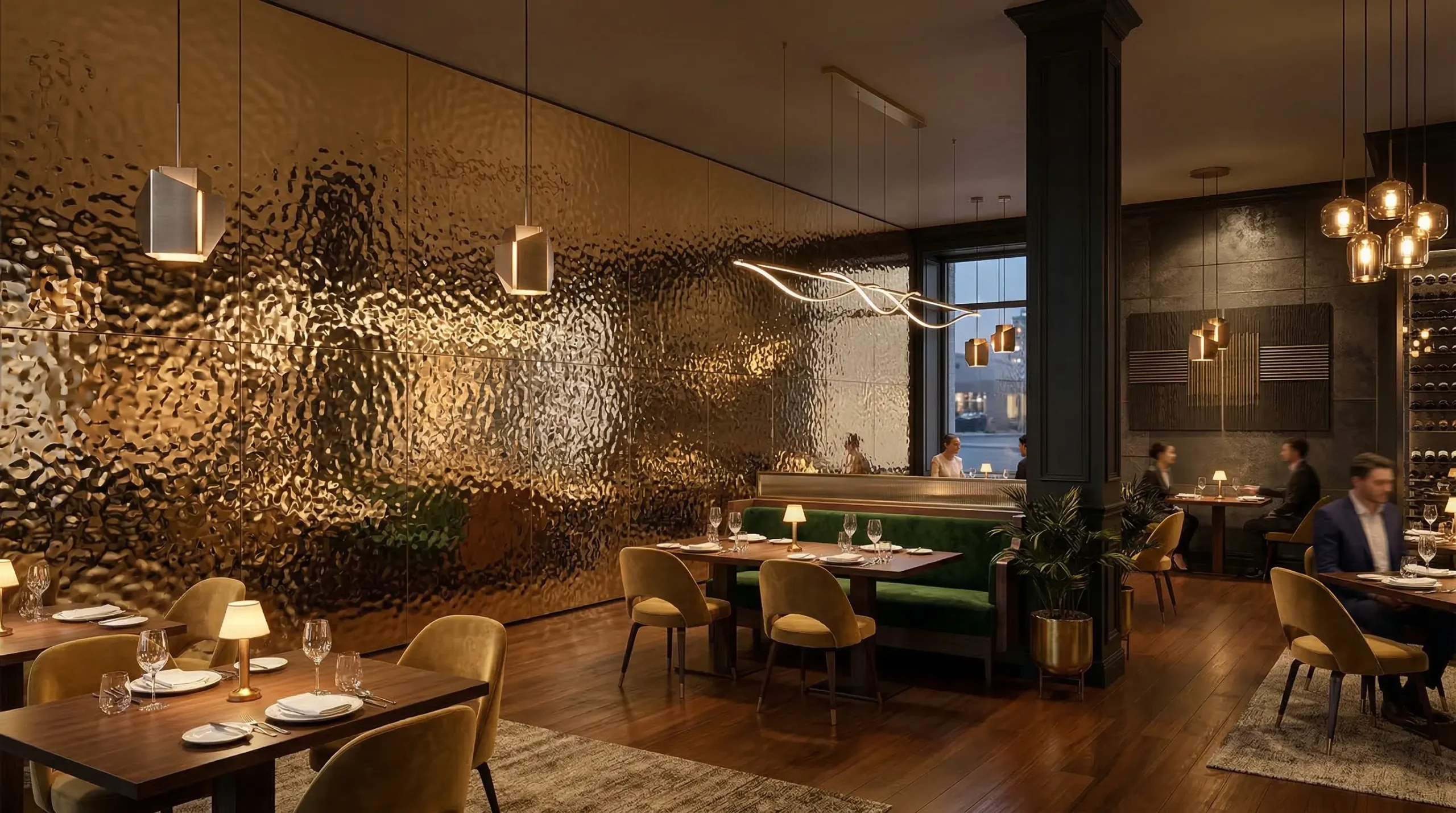 Decorative Stainless Steel Sheets for Architecture & Interior Design 1 champagne gold water ripple stainless steel wall panels in restaurant interior