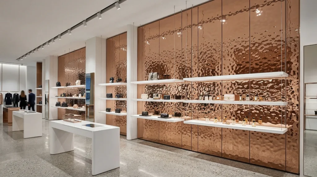 rose gold water ripple stainless steel feature wall in retail store