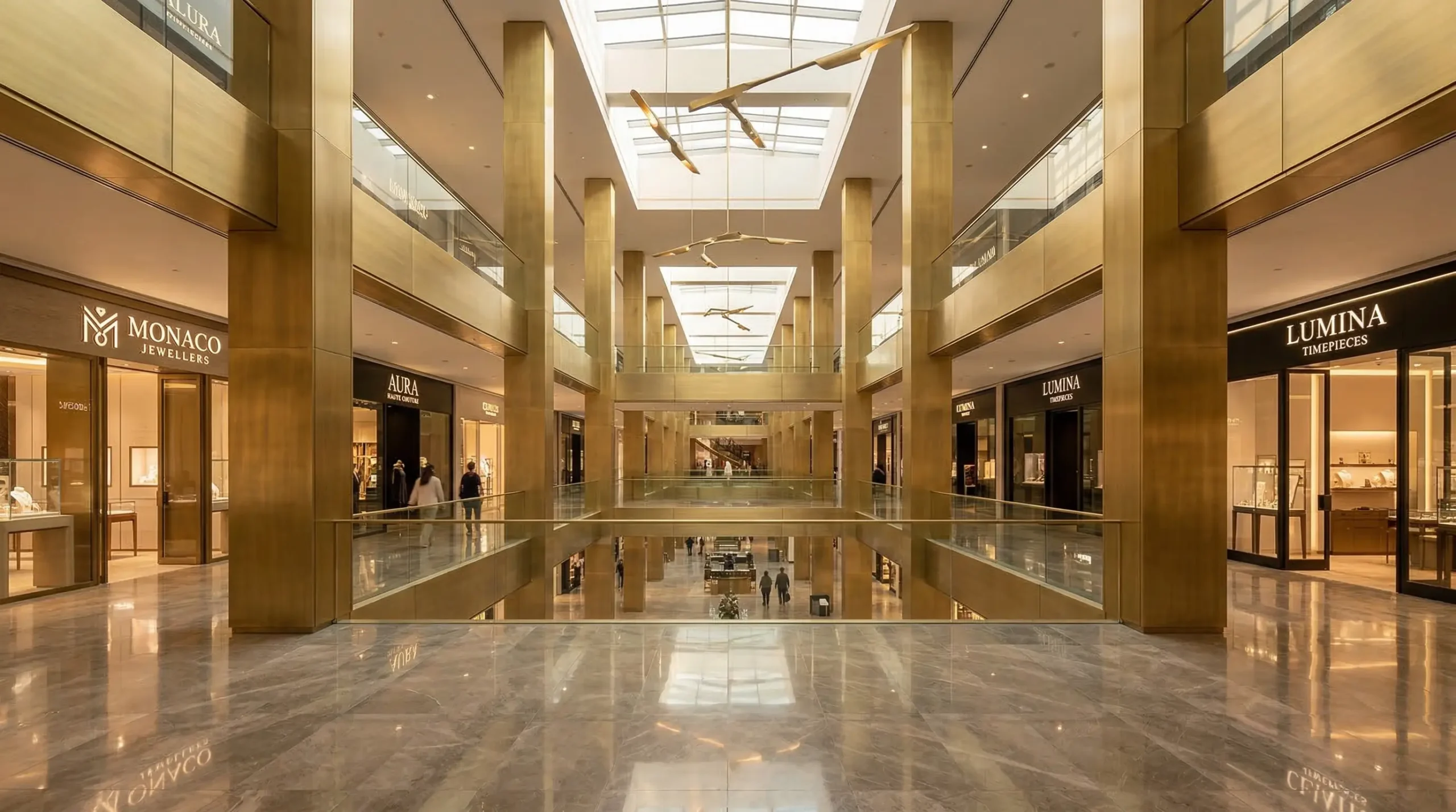 Shopping mall columns with brushed stainless steel