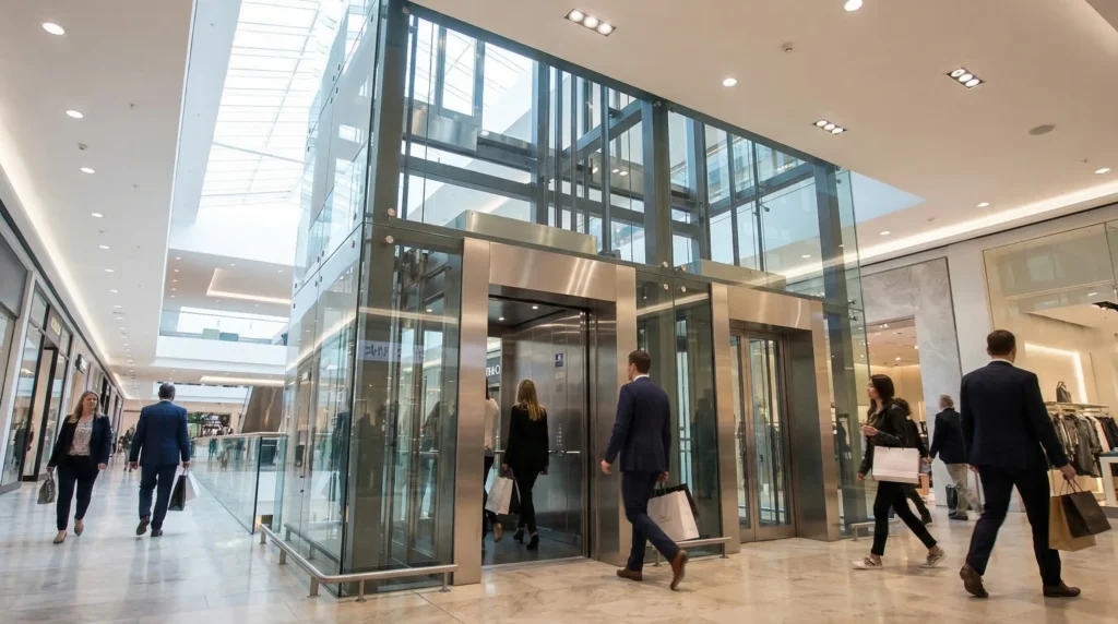 Shopping mall elevator with stainless steel interior