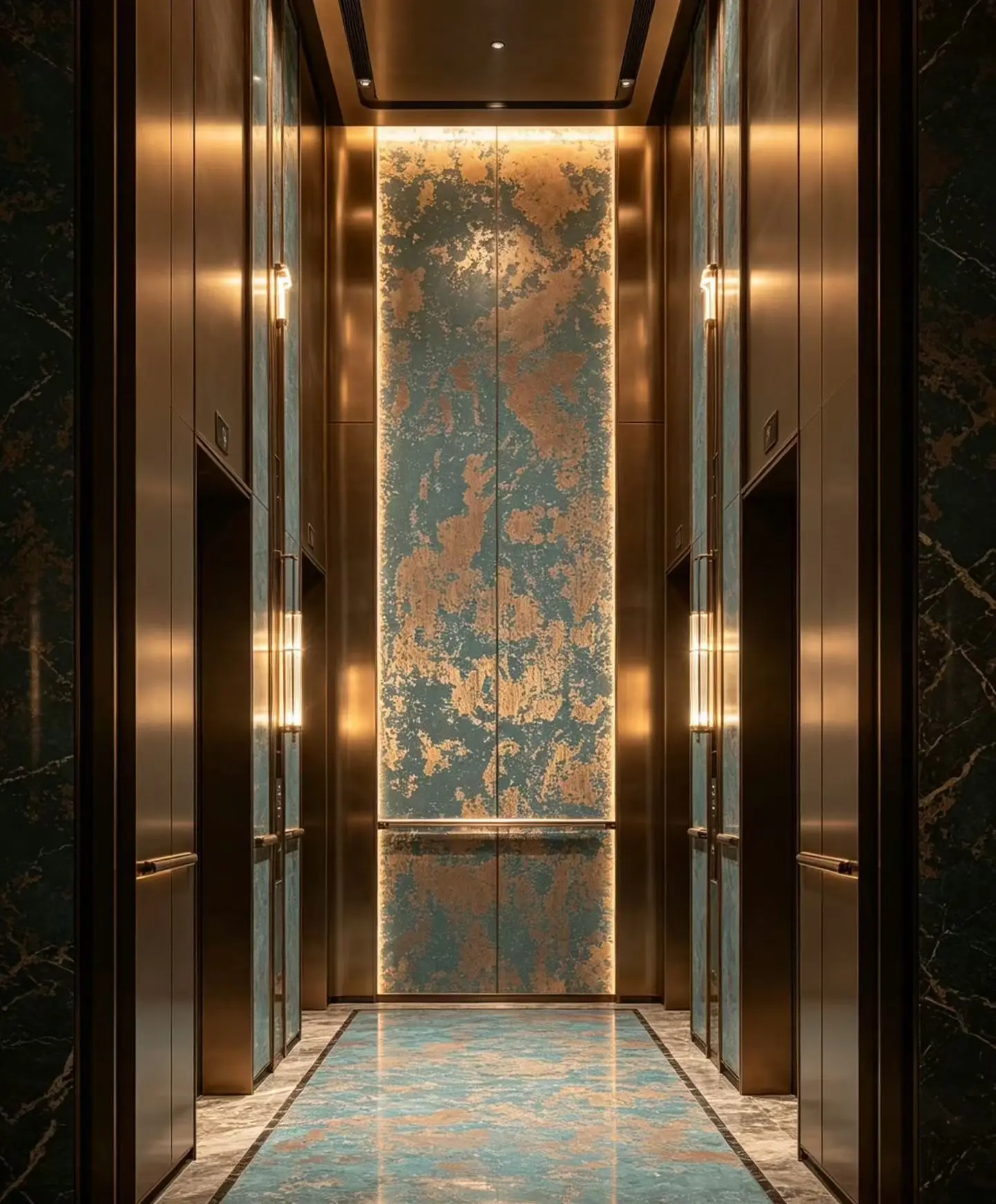 Etched stainless steel decorative panels used in a luxury hospitality interior