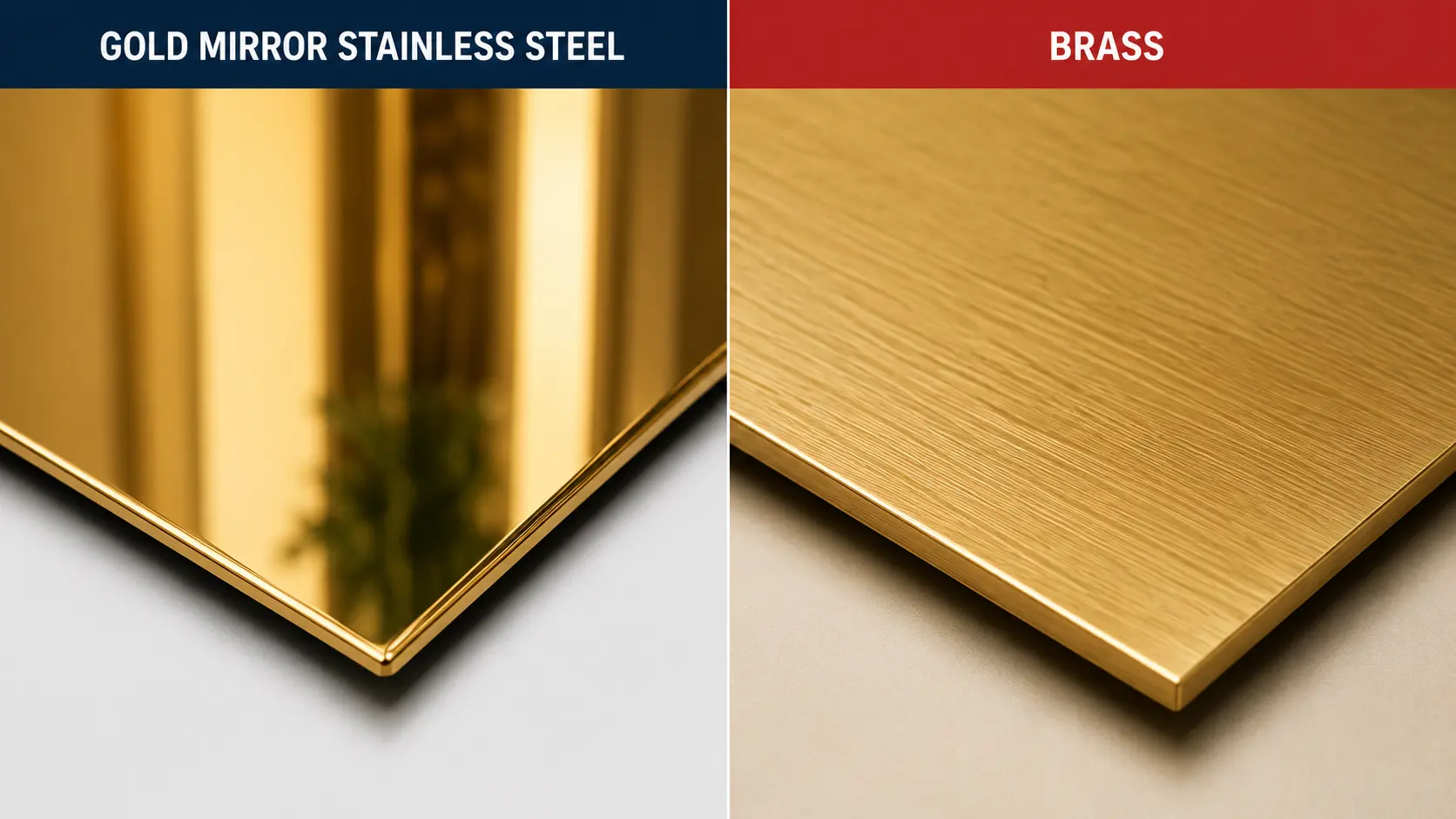 Appearance comparison between gold mirror stainless steel sheet and brass sheet