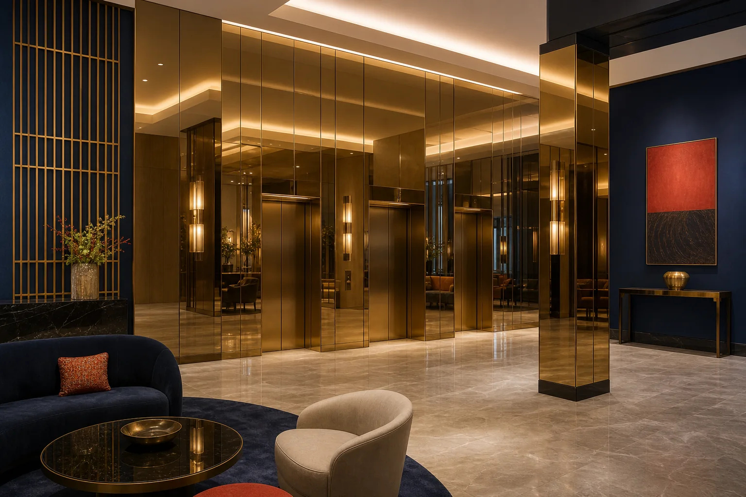Luxury hotel elevator lobby clad with gold mirror stainless steel wall panels and columns