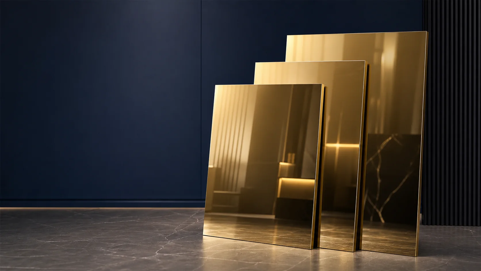Large gold mirror stainless steel sheets displayed in a dark architectural materials studio