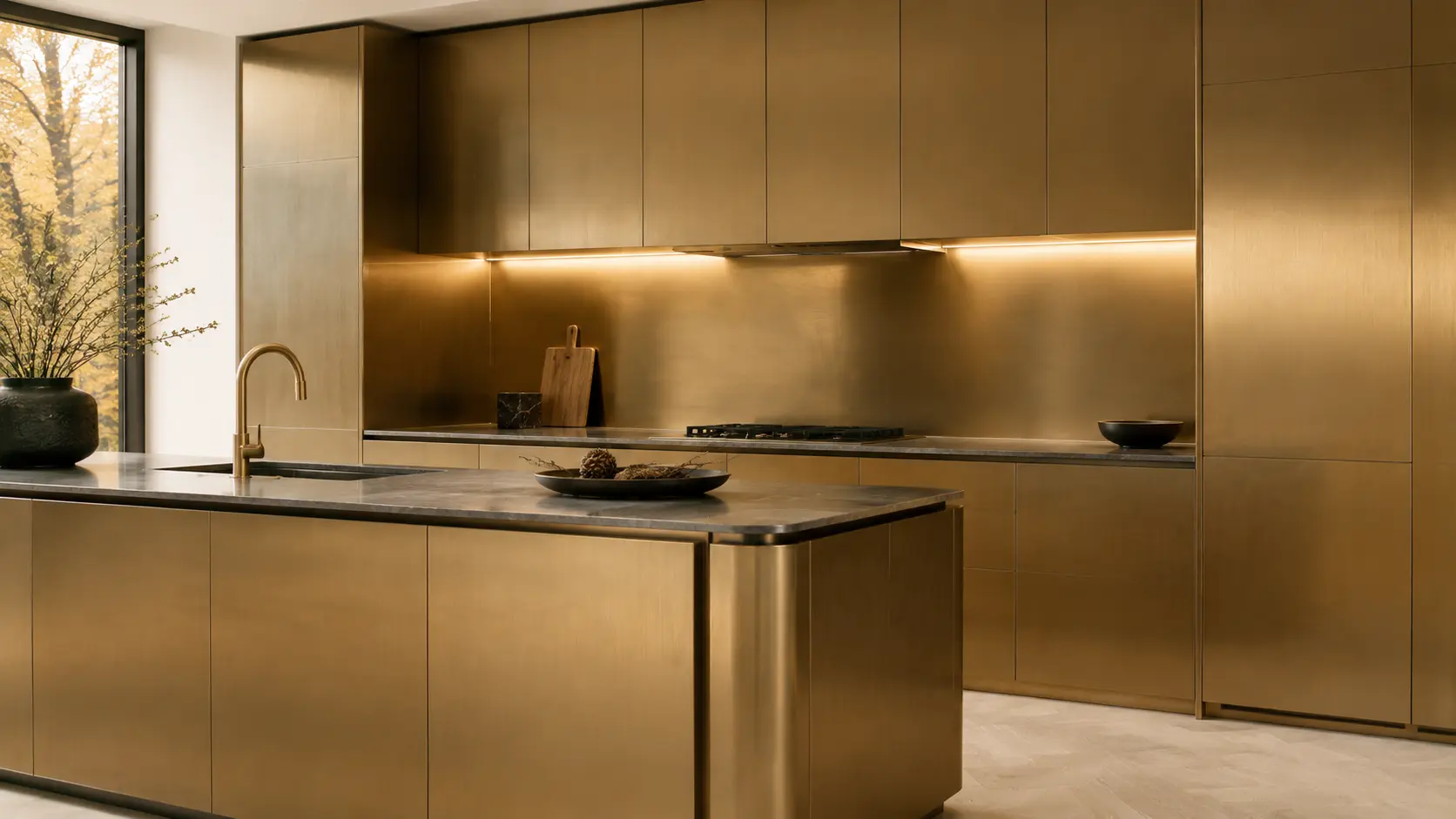 Gold Brushed Stainless Steel Kitchen Cabinet Design