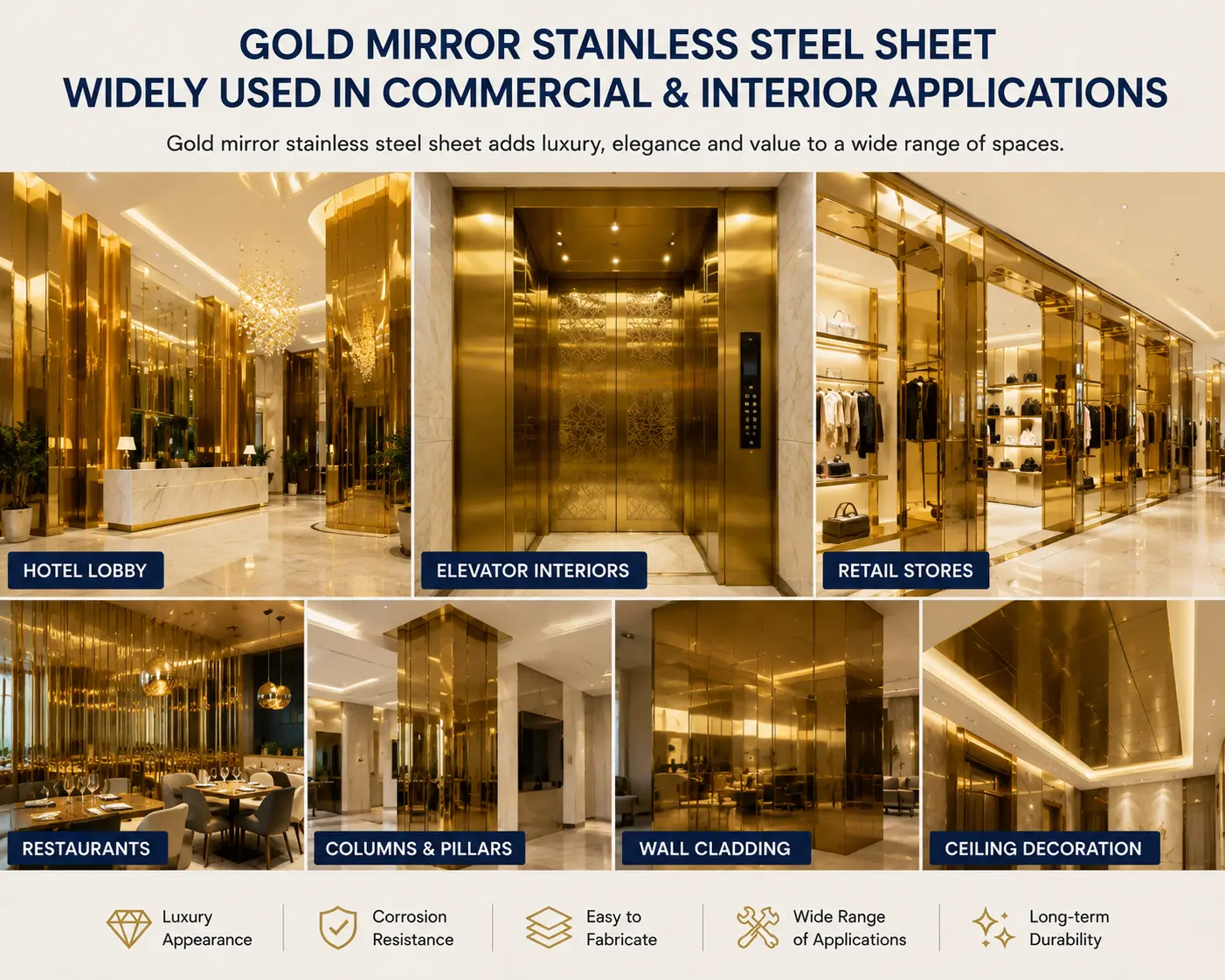 Gold mirror stainless steel applications in luxury interior design