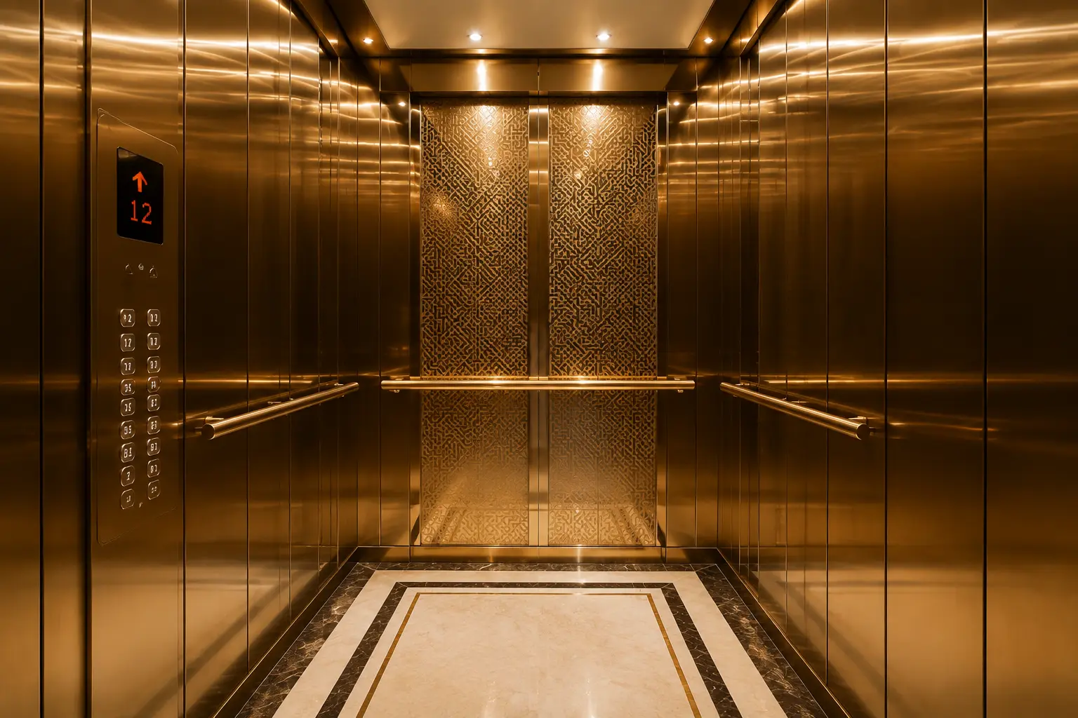 Decorative stainless steel elevator interior panels with gold mirror and etched finishes