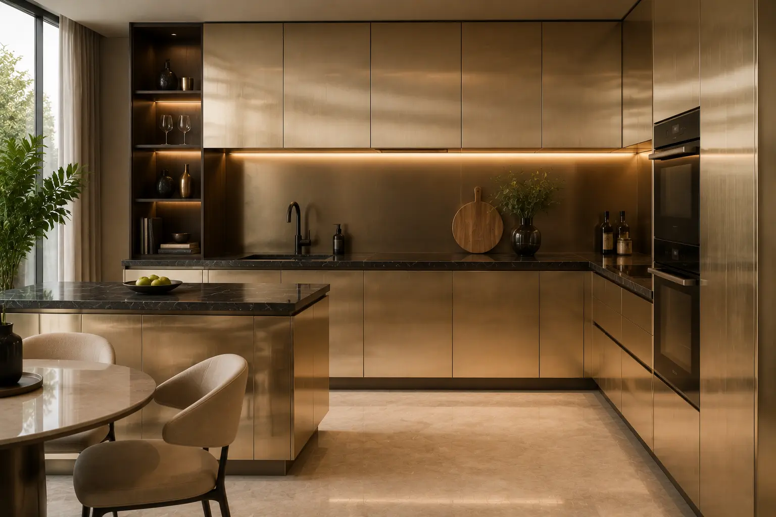 Gold stainless steel kitchen cabinet panels with decorative finish