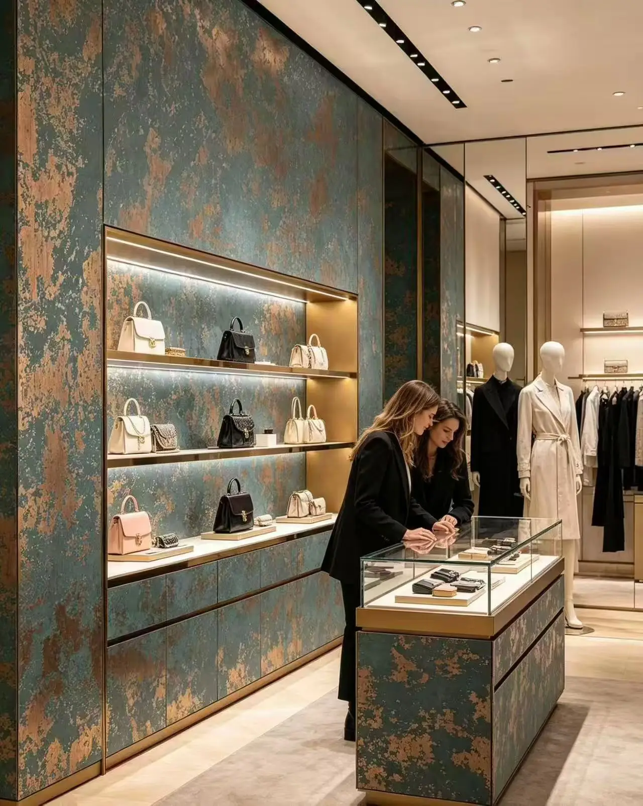 Etched stainless steel sheet used for luxury retail store wall panels and display surfaces