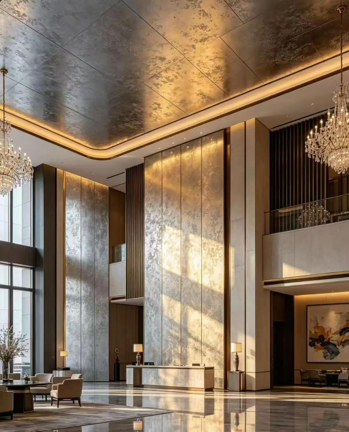 Etched stainless steel wall cladding panels used in a luxury architectural interior